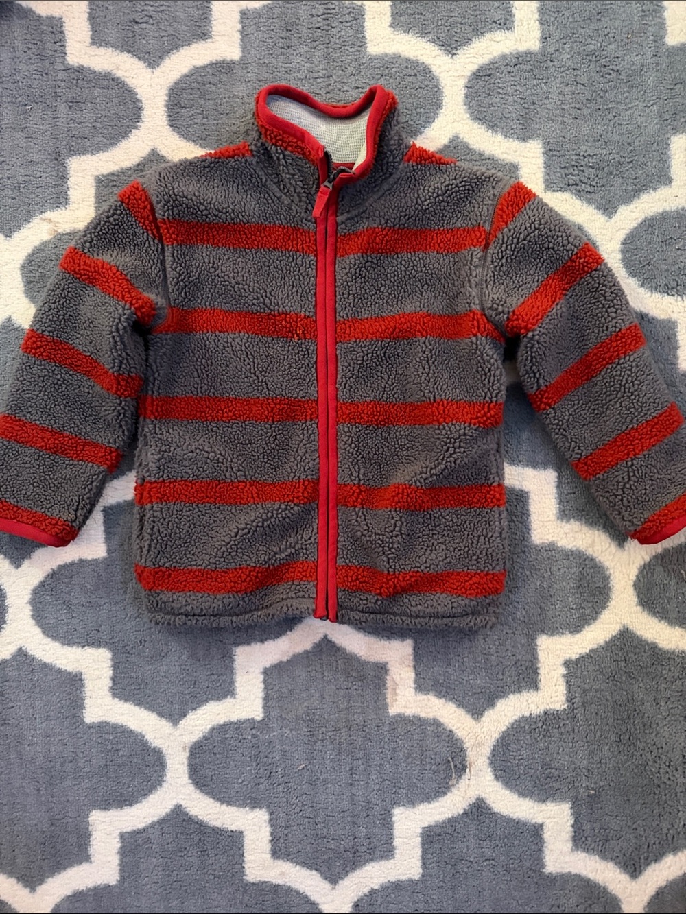 Mini Boden Gray and Red Striped Fleece Jacket